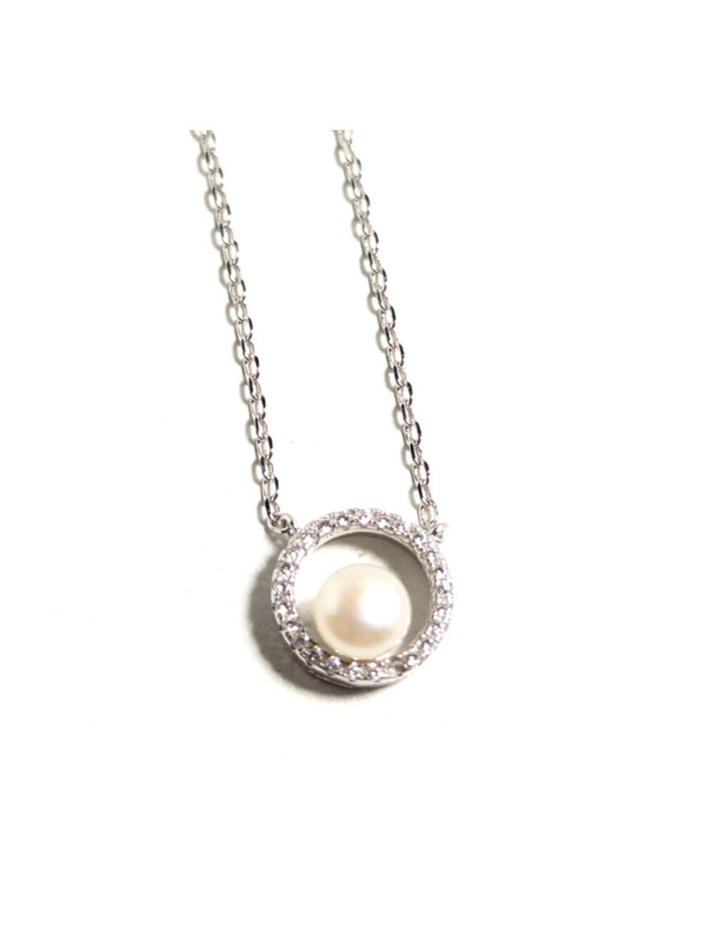 Sterling Silver 925 Pearl Halo Pendant Clear Stones Link Chain Necklace 46cm
